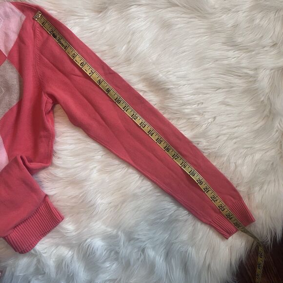 Argyle Sweater Large Izod Salmon Cotton Pink Tan Long Sleeves V Neck Preppy Golf - Picture 7 of 11